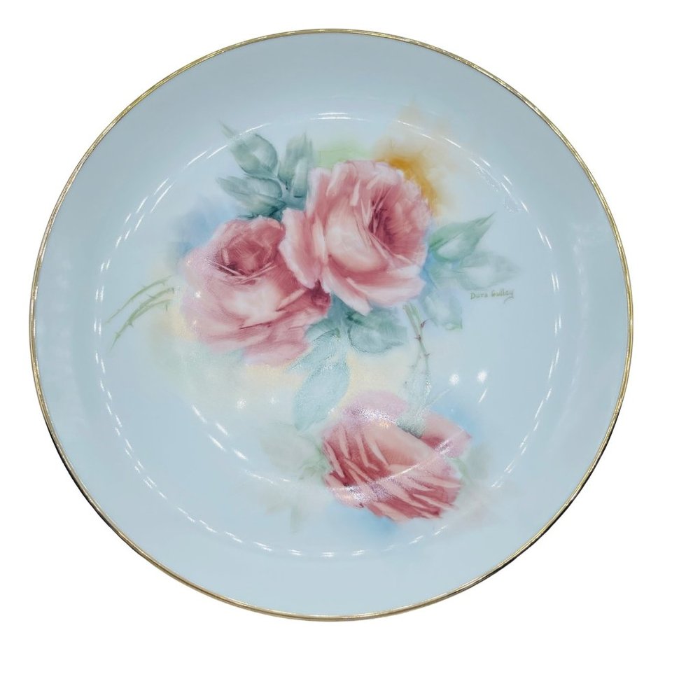 HAND PAINTED GOLD TRIM CABINET PLATE WITH PINK ROSES ARTIST SIGNED- DORA GULLEY